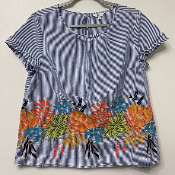 crown & ivy Tops - Crown & Ivy Pinstripe and Embroidered Floral Blouse